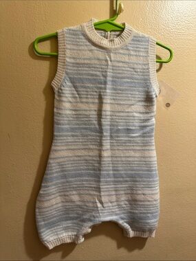 Alicia Adams Alpaca Cream and Light Blue Striped Knit Romper